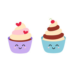 Cartoon cute cupcakes, with cream, vector illustration, cupcake stickers