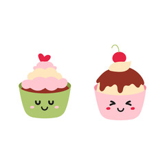 Cartoon cute cupcakes, with cream, vector illustration, cupcake stickers