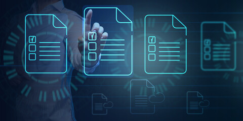 Female hand checks documents on a holographic screen. The concept of compliance control, documents with a mark