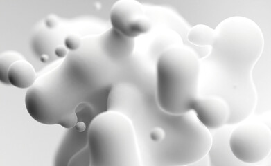 Digital abstract futuristic background of flying, flowing spheres, metaballs.  White matte substance slime isolated on white background. Depth of field. 3D render