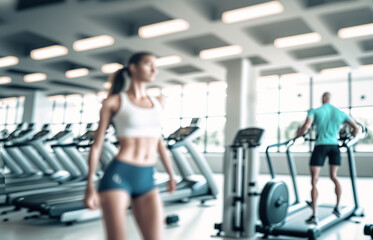 Fototapeta na wymiar Blurred photo of a gym with people on treadmills. Woman exercise workout in gym fitness . digital art 