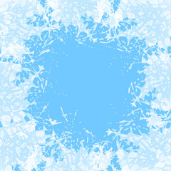 Fototapeta na wymiar White frosted texture on freeze winter window. Ice crystals frame with frosty patterns. Jpeg illustration