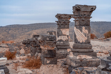 Antient antique columns. Ruins of the Greek - Roman city Hippos - Susita located on Golan Heights hill  in northern Israel on the Sea of Galilee