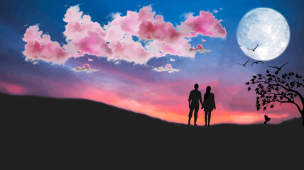 beautiful couple enjoying moon night under beautiful sky anime digital art illustration paint background wallpaper