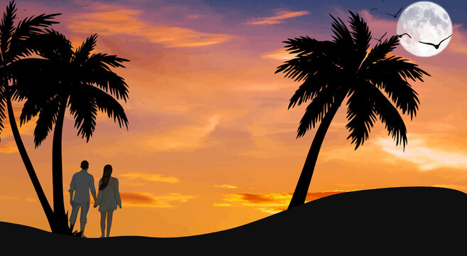 lovely couple on date under the bright moon and seaside anime digital art illustration paint background wallpaper