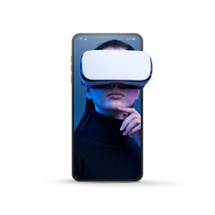 Woman in a smartphone experiencing immersive virtual reality