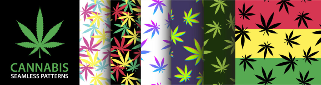 Cannabis Seamless Pattern Collection. 420 Psychedelic graphic vector set. Marijuana inspired design pack. 3D Pot silhouettes. Reggae background with cannabis leaves. Textile visual content.
