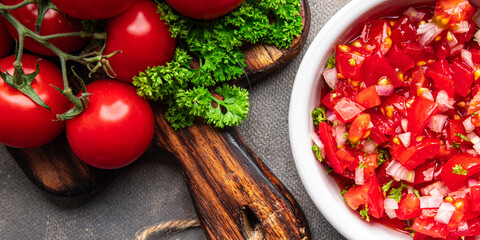 tomato salsa spicy salad traditional food fresh meal food snack on the table copy space food background rustic top view