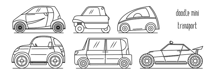 Vector set of simple hand drawn doodle mini vehicles. Contour simple runabouts on a white background. Small urban transport.