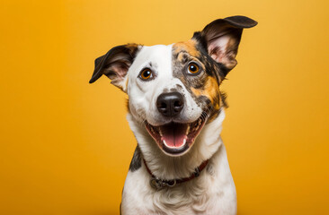 Studio portrait of a mixed breed dog on a yellow background. Generative AI.