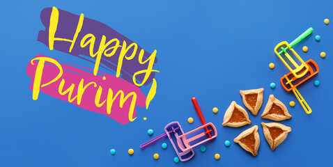 Beautiful greeting card for Happy Purim with Hamantaschen cookies and rattles on blue background