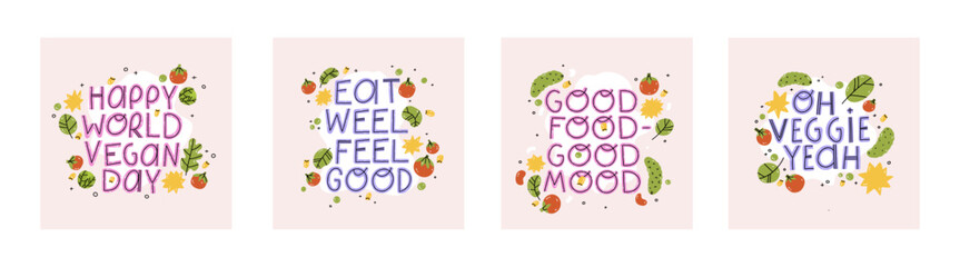 Set of 4 motivation quote for your card, banner, poster. Vegetarian, vegan design element. Motivational healthy lifestyle typographic phrase. Hand draw illustration