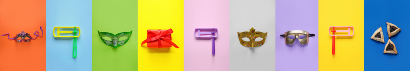 Collage of traditional symbols of Purim and gift on color background