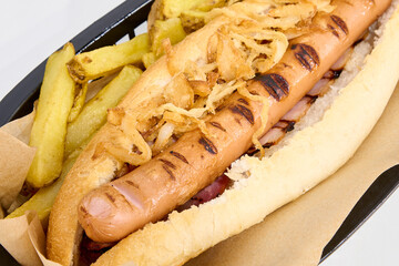 hot dog with french fries and fried onion