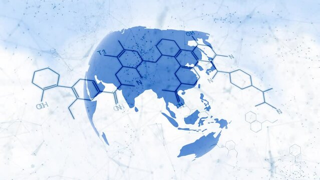 Abstract blue white chemical hexagon bonds molecules with earth globe animation copy space background.