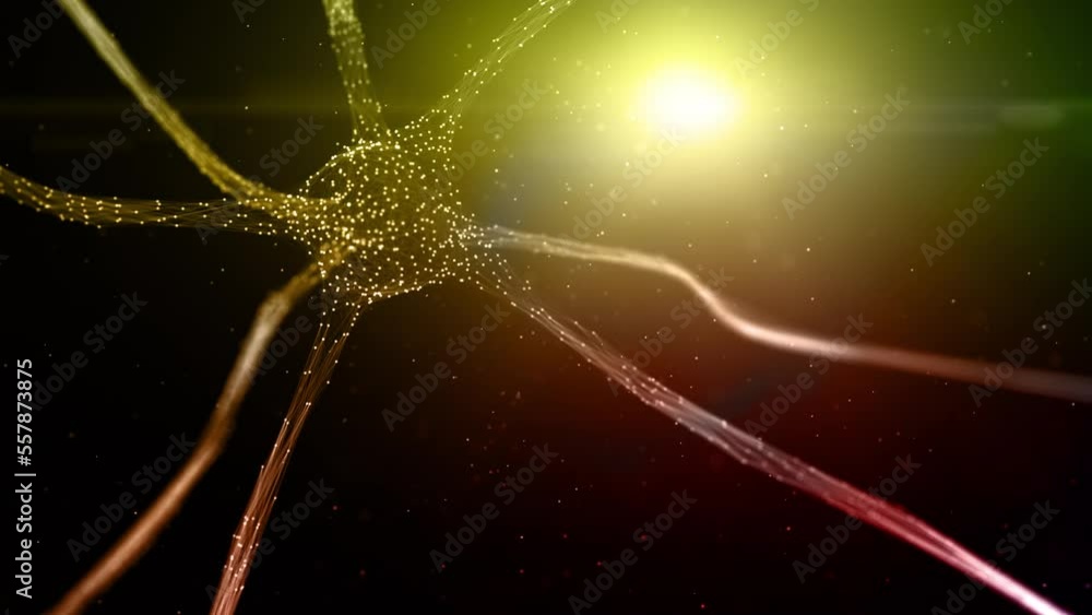 Poster colorful flickering neuron cell on dark cyber space background with copy space.