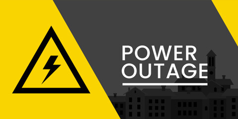 Power outage web banner. Power outage banner with the town. Black and yellow power cut web banner.