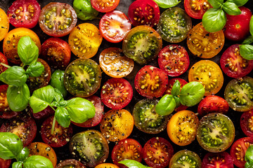 Background of colorful Cherry Tomatoes and basil leaves. Cutted and spiced tomatoes before cooking.Top view.
