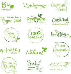 Organic food, natural product and healthy life labels and badges collection for food market, organic products, natural product promotion and premium quality for food and drink.