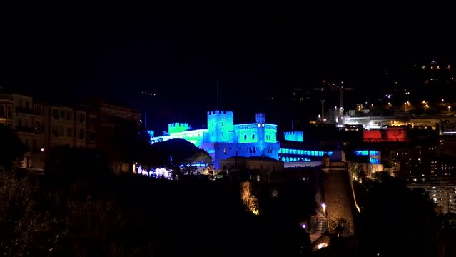 Prince's Palace in Monaco. The official residence of the rulers of Monaco from the Grimaldi family. View of the fortress in Monaco at night.