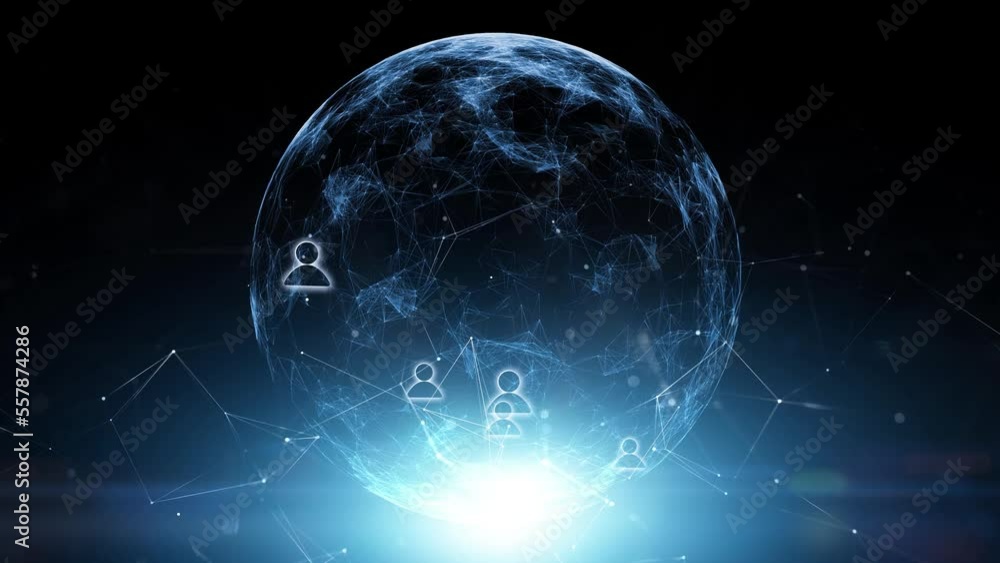 Poster glowing digital 3d business network cyberspace with people icon signs and sphere rotation animation 
