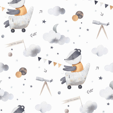 A cute badger has an adventurous dream. Badger travels among clouds. Watercolor seamless pattern. Background for kids room.