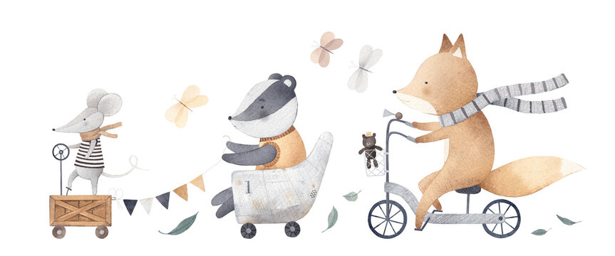 Mouse, badger and fox go on a trip. Beautiful stock illustration with watercolor hand drawn cute animals on transport. Watercolor set. Baby postcard.