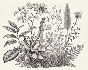 botanic print vintage style in a hand draw black and white sketch style