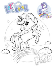 Cute little pony. Vector black and white illustration for coloring book