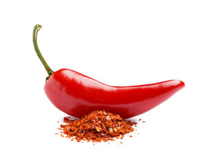 Fresh jalapeno pepper and chipotle chili flakes on white background