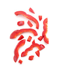 Pieces of red bell pepper on white background