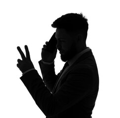 Silhouette of businessman talking by mobile phone on white background