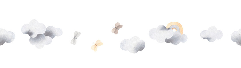 Cute watercolor clouds, butterflies and rainbow. Horizontal banner. Decor for a children's room.