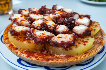Octopus with potato baked in olive oil, traditional Spanis dish