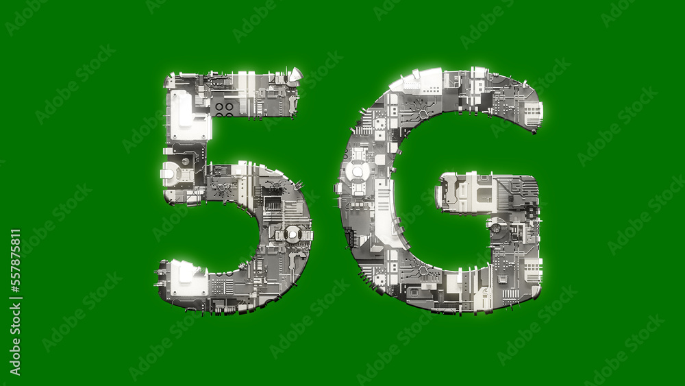 Poster industrial style cybernetical text 5g on green screen background, isolated - object 3d rendering
