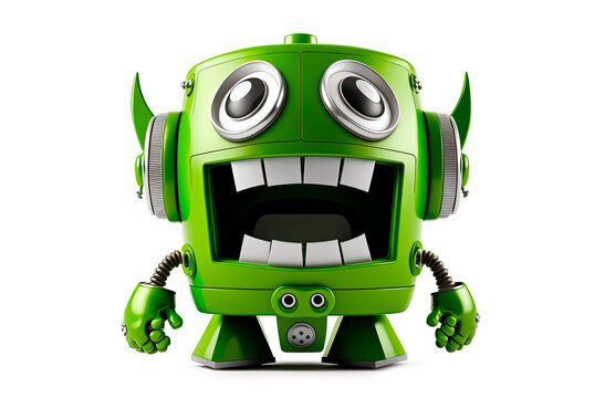 Smiling funny green robot figure isolated on white. Postproducted generative AI digital illustration.