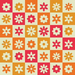 Cute retro flowers seamless pattern on red, orange, yellow and beige checkerboard. For stationary, textile and home decor 
