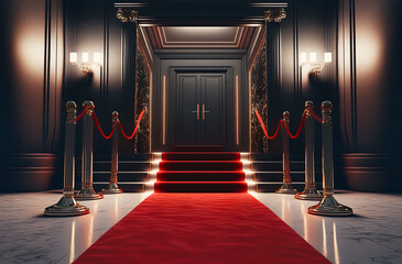 VIP luxury entrance with red carpet. Postproducted generative AI digital illustration. - obrazy, fototapety, plakaty