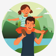 Dad and his daughter, having fun. Happy family vector concept. Cute girl sits on the shoulders of his father. Summer mountain landscape background