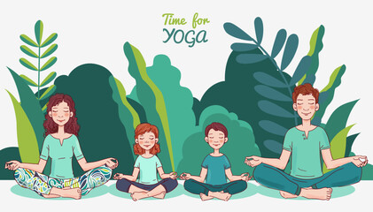 Mother, father and two children doing yoga in lotus position. Family yoga vector illustration. Summer landscape background