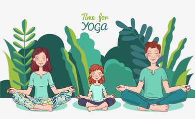 Mother, father and daughter doing yoga in the garden. Family yoga vector illustration. Summer landscape background