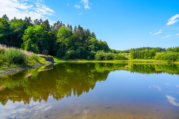 Fototapeta na wymiar Mittlerer Zechenteich near Clausthal-Zellerfeld. Landscape at the lake in the Harz mountains. Green nature by the water. Old colliery pond in the Harz National Park. 