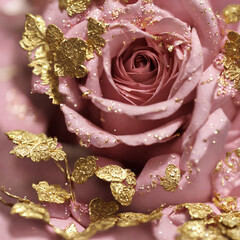 pink with gold accents focus on petals and autumn, AI generated