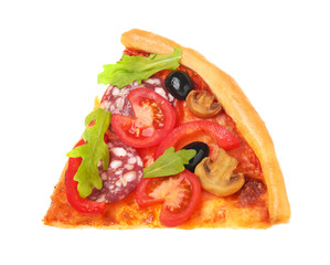 Slice of tasty pizza with sausage, olives and tomatoes on white background