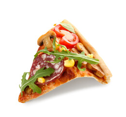 Slice of tasty pizza with sausage, arugula and mushrooms on white background