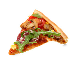 Slice of tasty pizza with sausage, arugula and mushrooms on white background