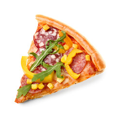 Slice of tasty pizza with sausage and bell pepper on white background