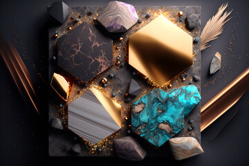 Abstract background of precious stones, opal, gold, metal. Gen Art