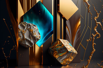 Gold and turquoise, a combination of precious stones, opal, metal. Abstract luxury background. Gen Art
