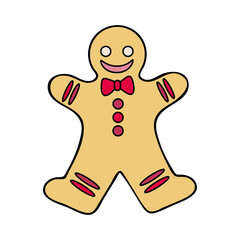 Gingerbread man in bow tie. Christmas sweet cookies. Happy New Year. Viva Mangenta. Hand drawn flat illustration.